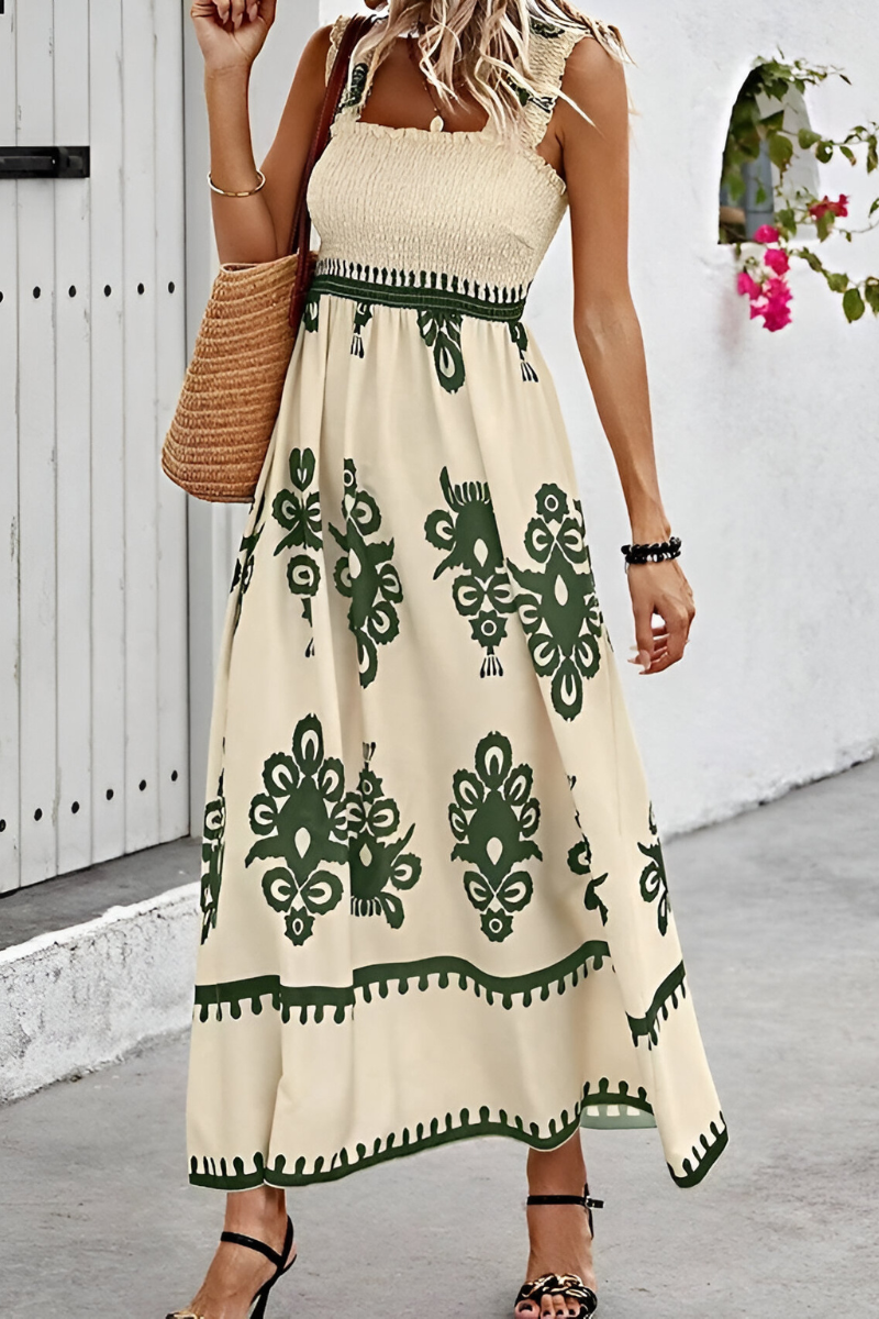 SOLEIA | Boho Elastisches Maxikleid mit breiten Trägern – Sommerliches & Luftiges Design
