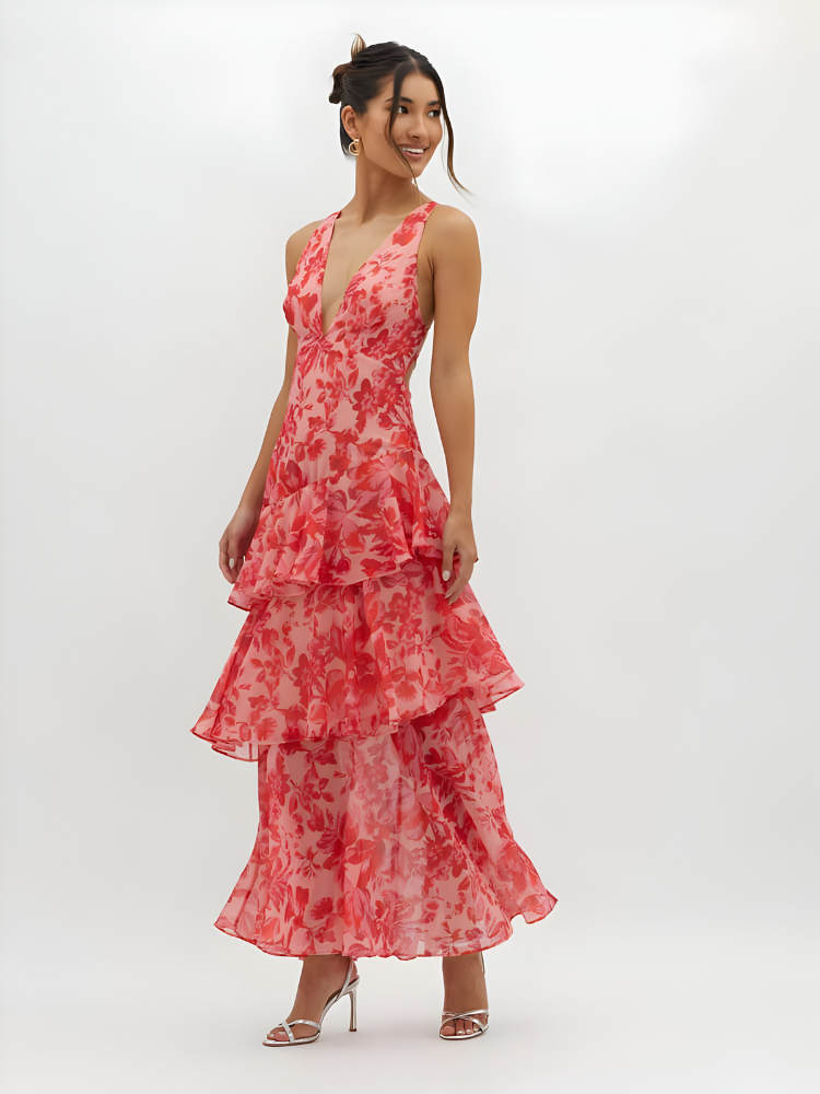 CLAIRELIA Maxi Jurk met Bandjes en Ruches – Luxe & Elegantie