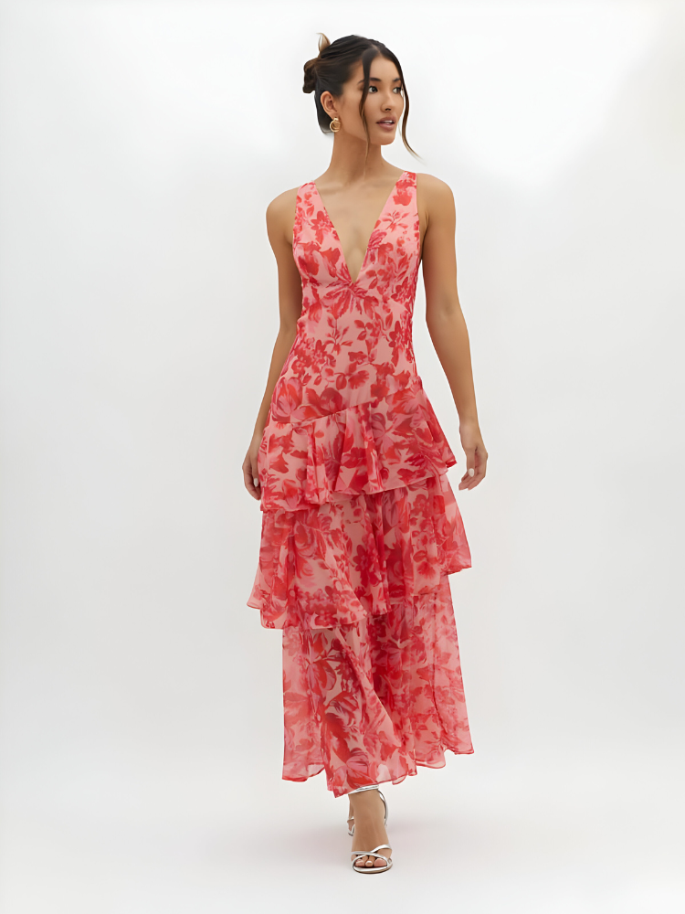CLAIRELIA Maxi Jurk met Bandjes en Ruches – Luxe & Elegantie
