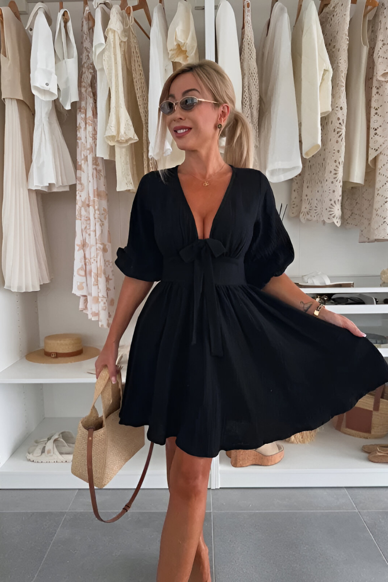 VEONA | Mauvefarbenes Boho-Kleid mit V-Ausschnitt und Schleife