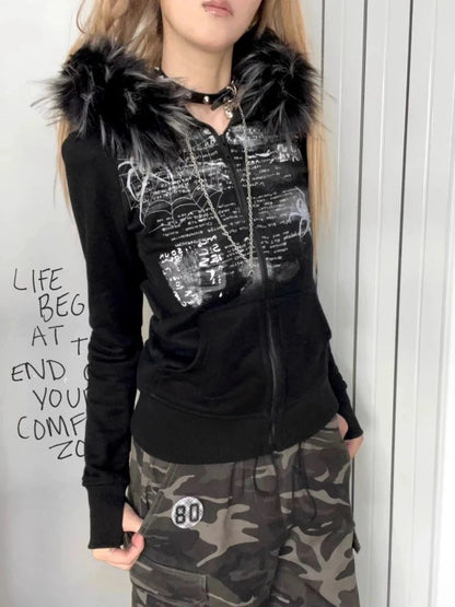 Black Faux Fur Hood Zip Up Jacket 🖤