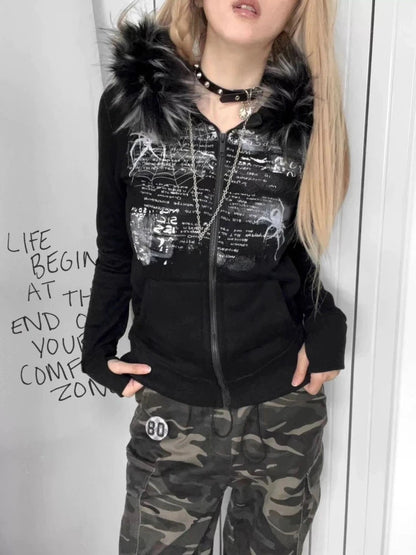 Black Faux Fur Hood Zip Up Jacket 🖤