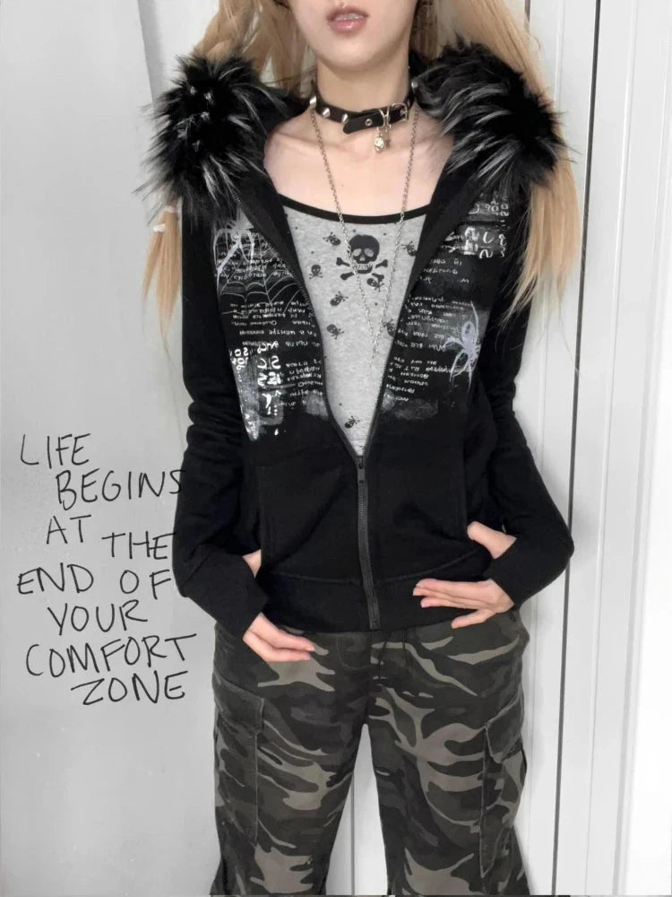 Black Faux Fur Hood Zip Up Jacket 🖤