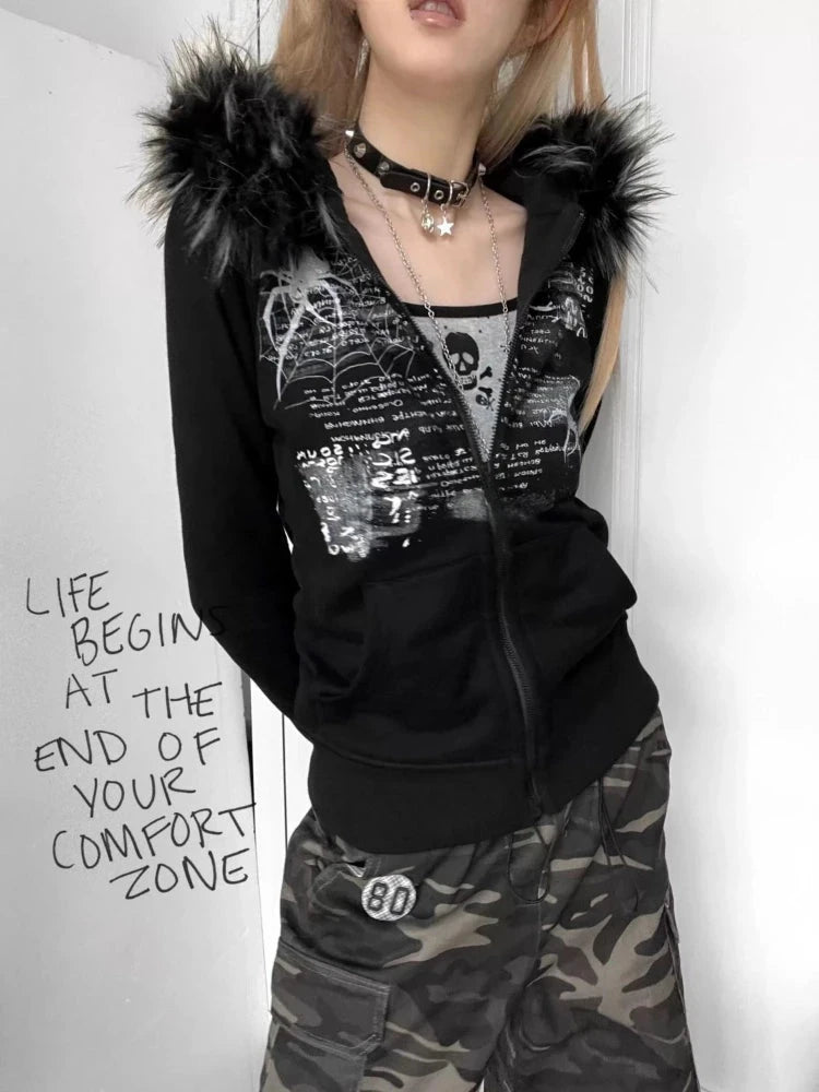 Black Faux Fur Hood Zip Up Jacket 🖤