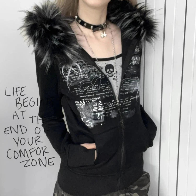 Black Faux Fur Hood Zip Up Jacket 🖤