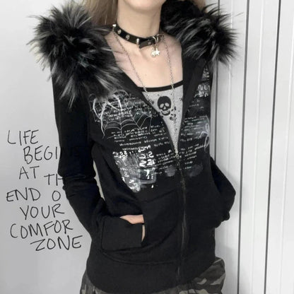 Black Faux Fur Hood Zip Up Jacket 🖤