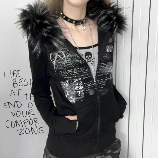 Black Faux Fur Hood Zip Up Jacket 🖤