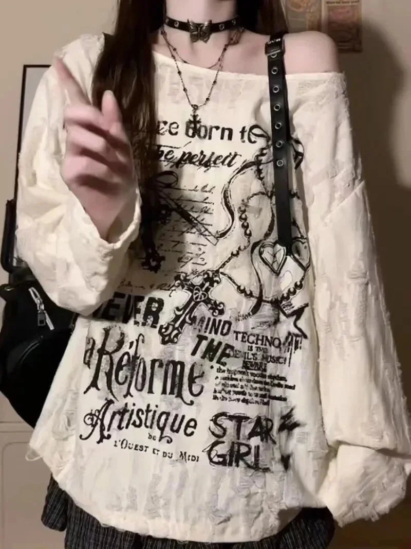 Washed Off Shoulder Buckle Graphic Top 🖤