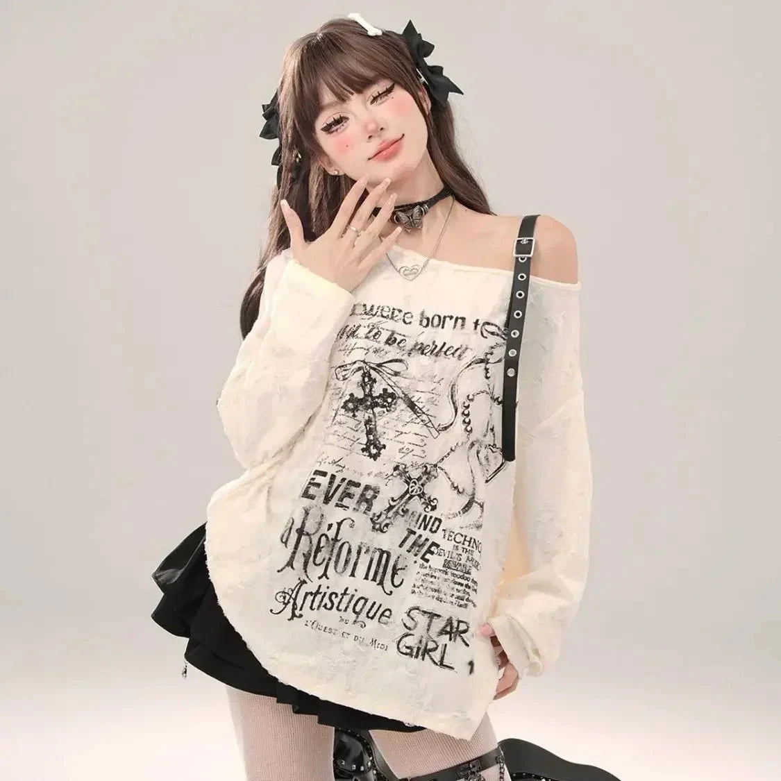 Washed Off Shoulder Buckle Graphic Top 🖤