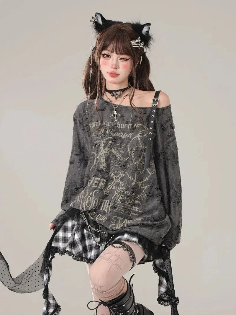 Washed Off Shoulder Buckle Graphic Top 🖤