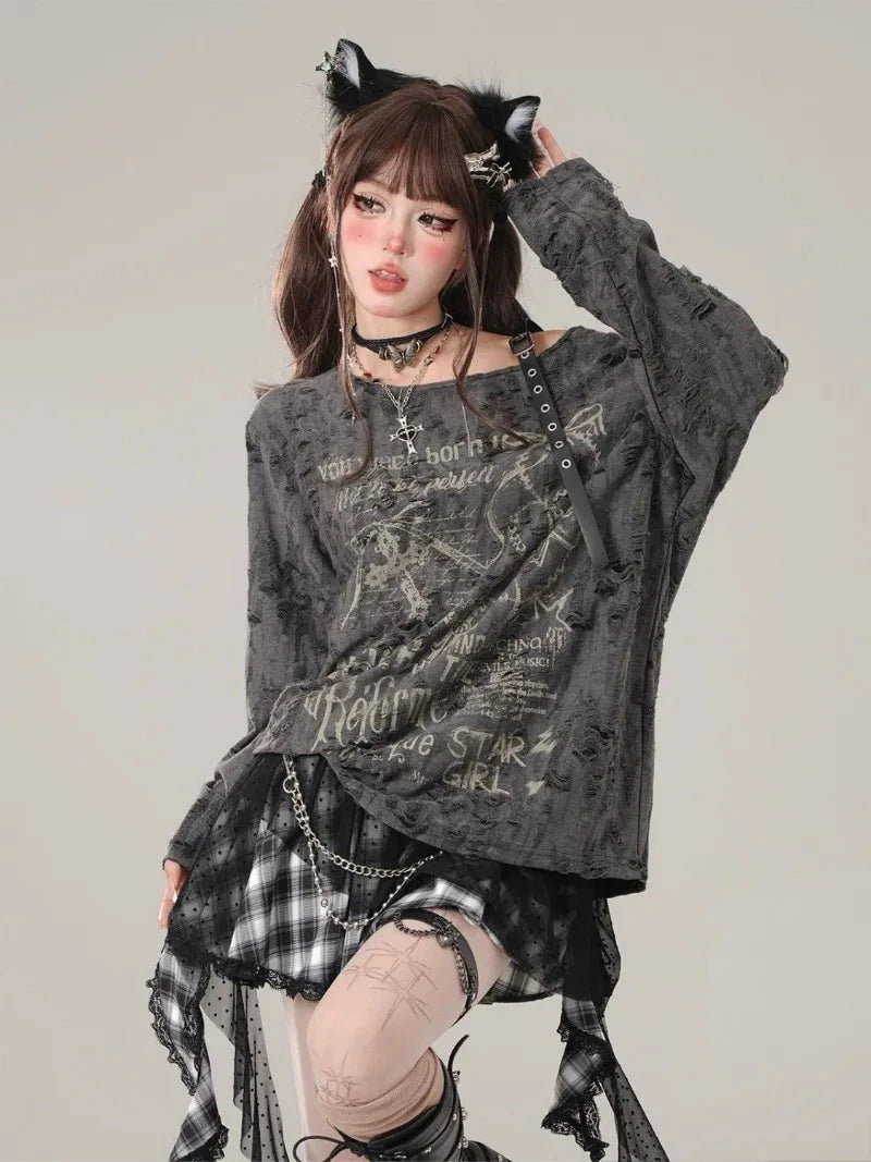 Washed Off Shoulder Buckle Graphic Top 🖤