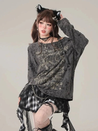 Washed Off Shoulder Buckle Graphic Top 🖤