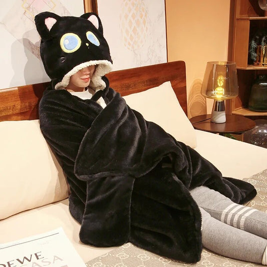 🐱🦖 BLACK CAT & GREEN DINO BLANKET HOODIE