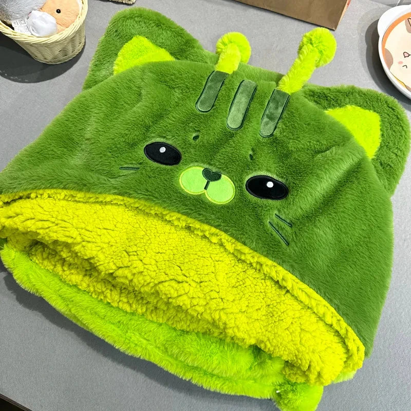 🐱💚 FLUFFY GREEN CAT HOODED BLANKET CAPE