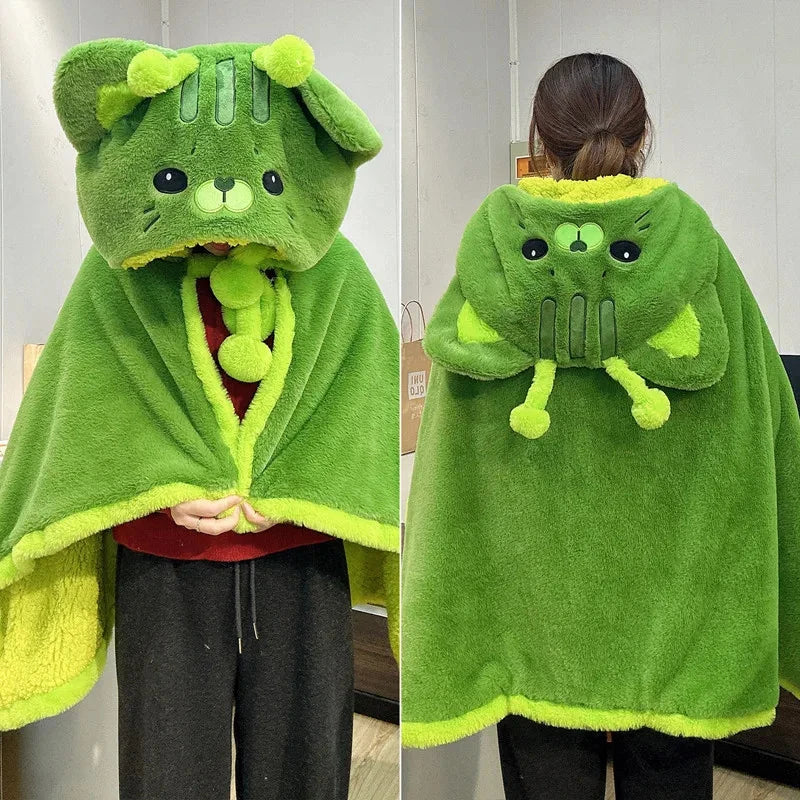 🐱💚 FLUFFY GREEN CAT HOODED BLANKET CAPE