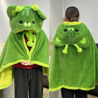 🐱💚 FLUFFY GREEN CAT HOODED BLANKET CAPE
