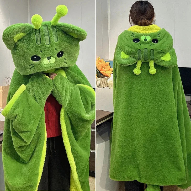 🐱💚 FLUFFY GREEN CAT HOODED BLANKET CAPE
