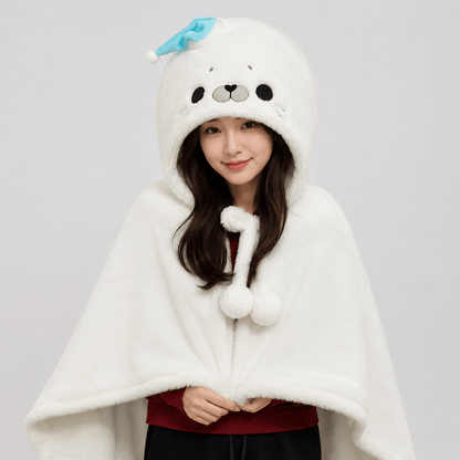 🦭🤍 FLUFFY WHITE SEAL HOODED BLANKET CAPE