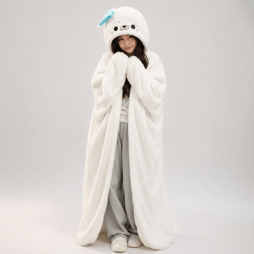 🦭🤍 FLUFFY WHITE SEAL HOODED BLANKET CAPE