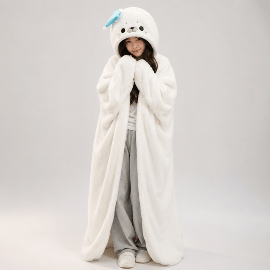 🦭🤍 FLUFFY WHITE SEAL HOODED BLANKET CAPE